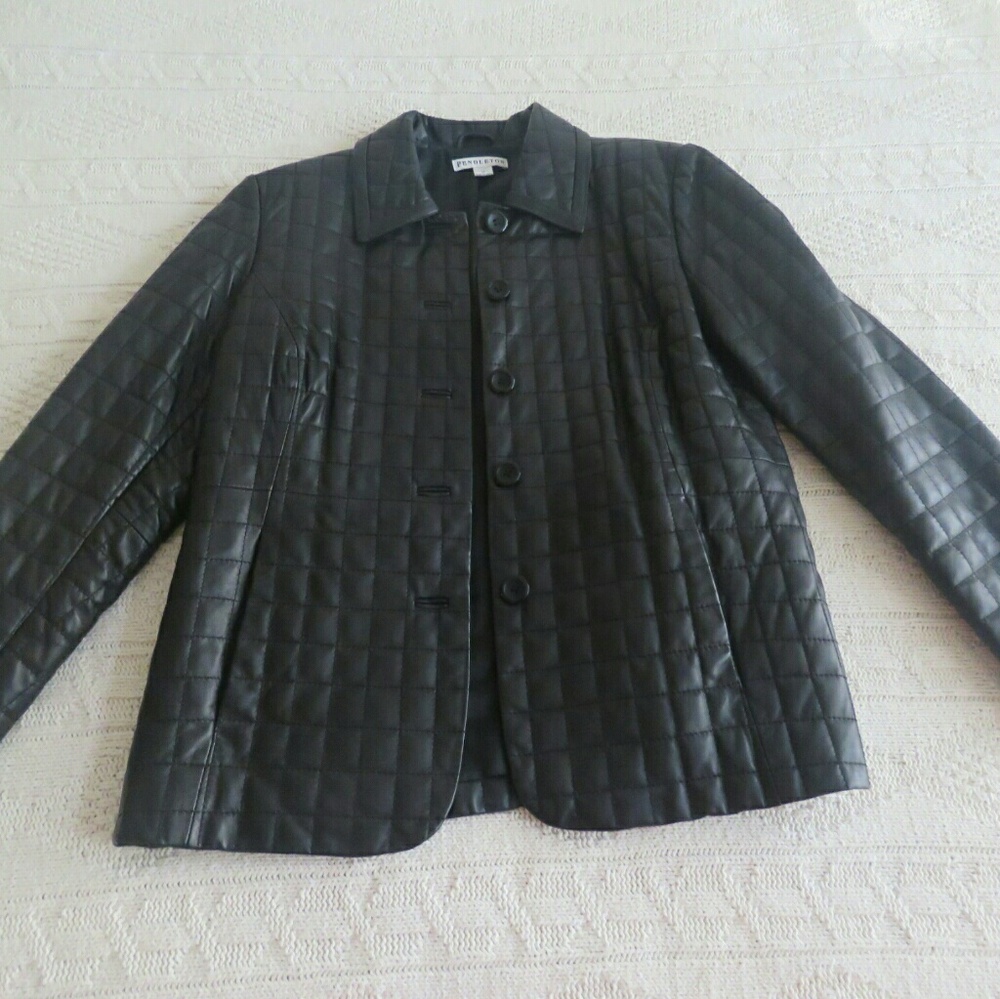 Pendleton Black Leather Quilted Button Jacket M